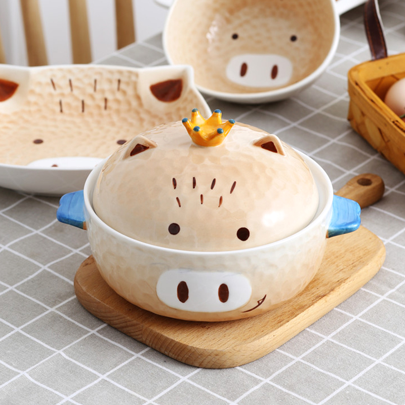 Japanese girls heart ceramic piggy mercifully rainbow such as bowl with cover and lovely student dormitory children eat bowl large soup bowl