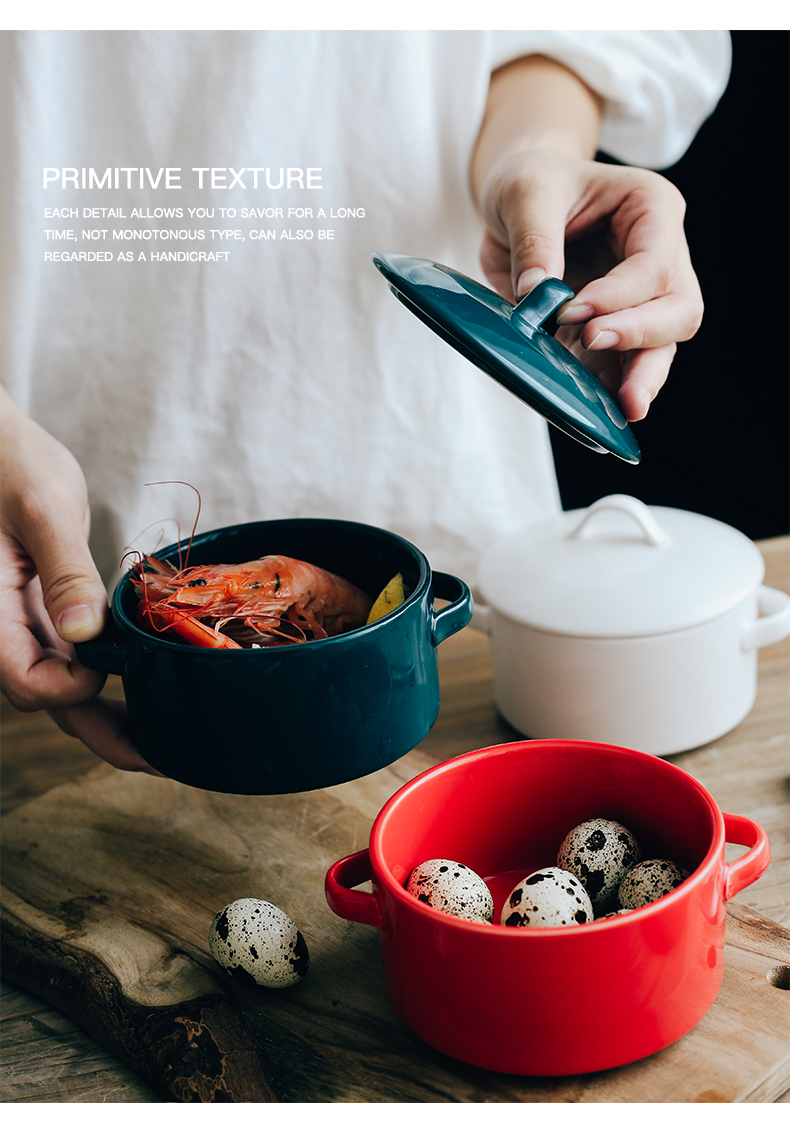 Nordic ceramic baking bowl with cover with the handle ears roasted bowl dessert bowl of soybean milk bowl of bird 's nest household stew