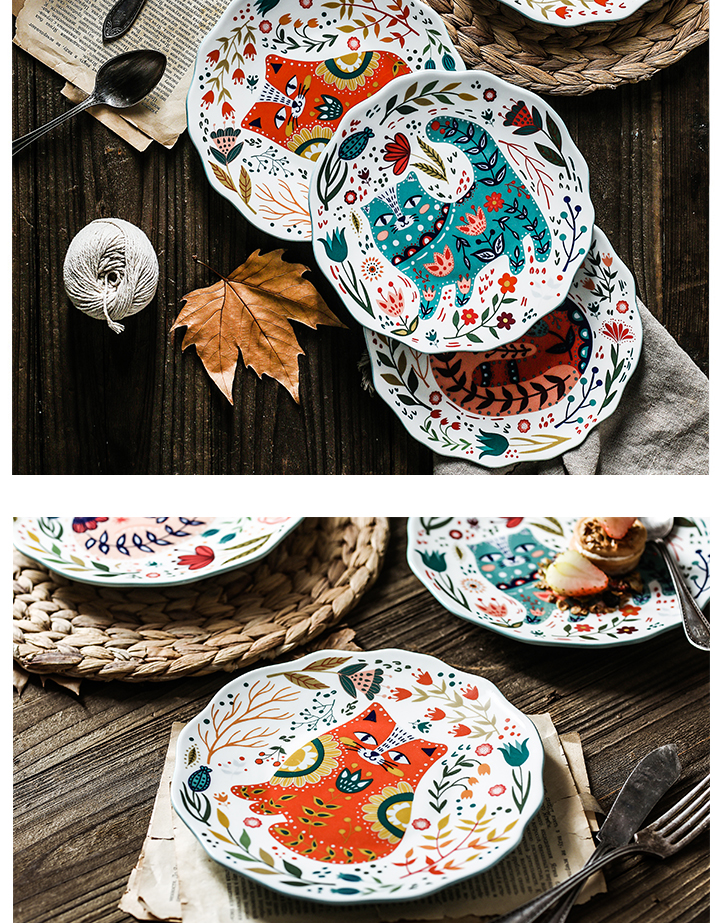 Boreal Europe style originality hand - drawn cartoon cat 0 8 inches snack plate flat the household ceramic plate