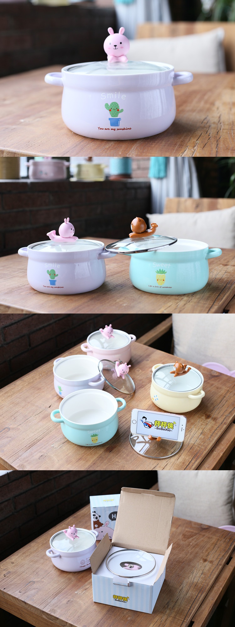 Jingdezhen creative cartoon mercifully rainbow such as bowl with cover ears ceramic bowl, lovely students instant noodles bowl bowl of soup bowl