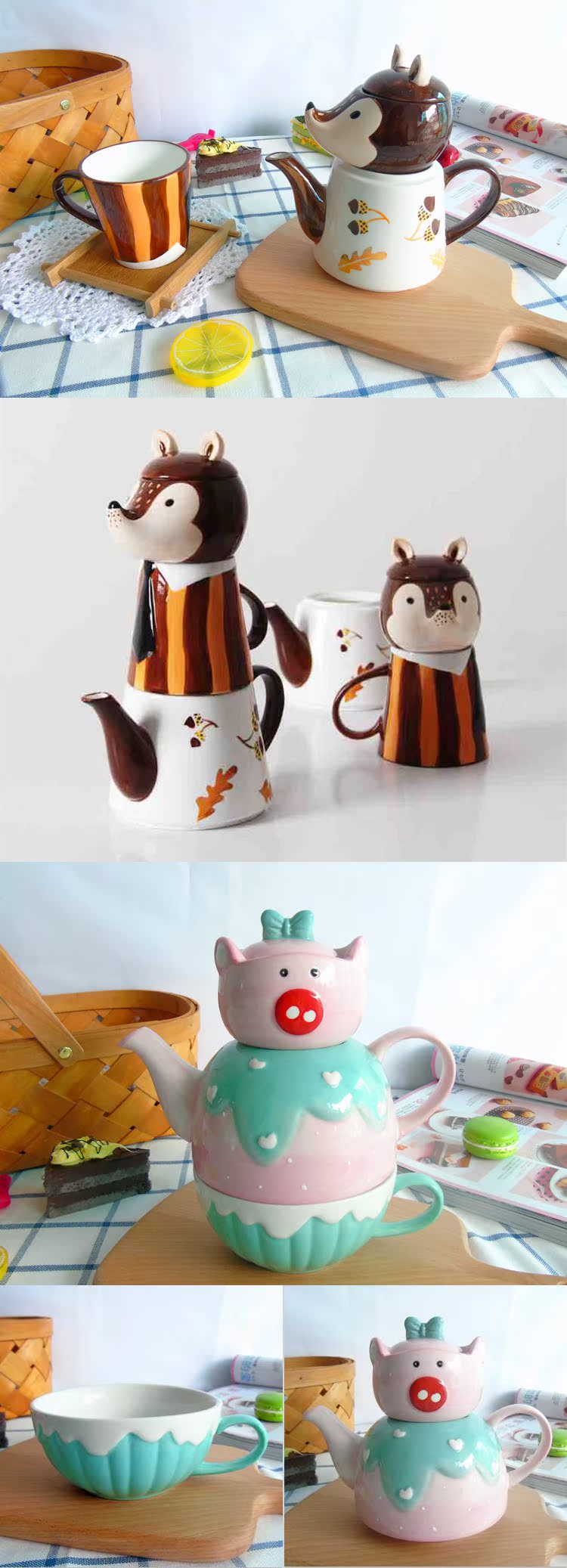 Package mail jingdezhen express cartoon animals hand - made under glaze color porcelain tea teapot teacup gifts sets