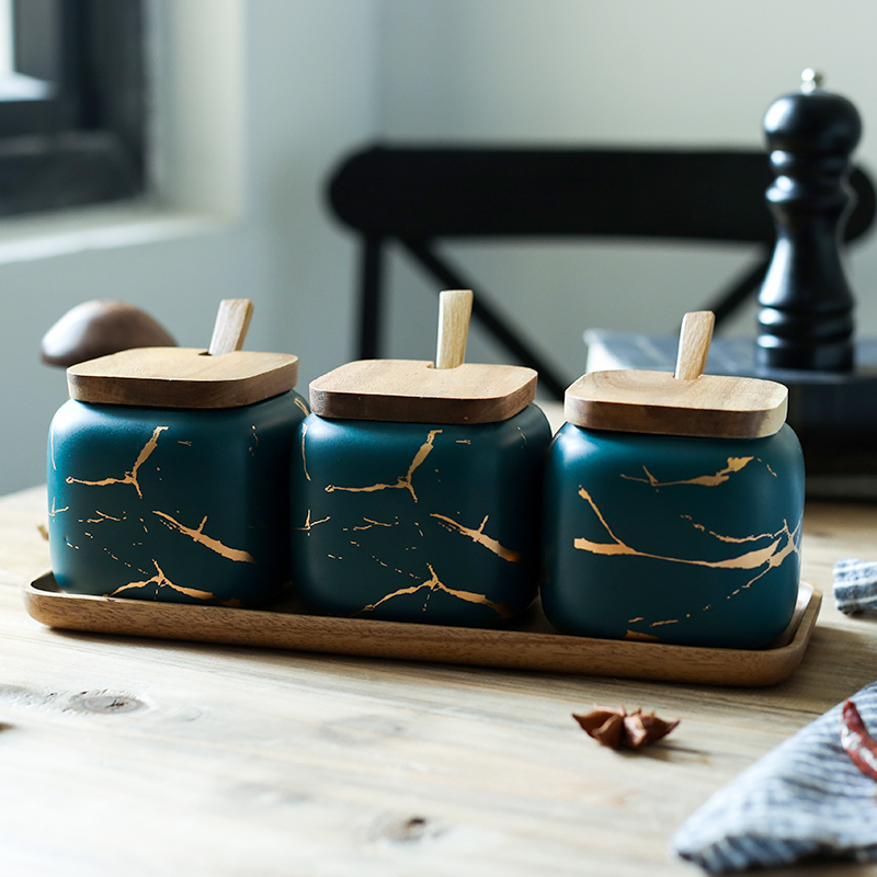 Nordic matte enrolled in marble ceramic sauce seasoning, cooking pot home box of kitchen seasoning spice bottles suit