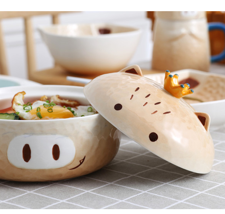 Japanese girls heart ceramic piggy mercifully rainbow such as bowl with cover and lovely student dormitory children eat bowl large soup bowl