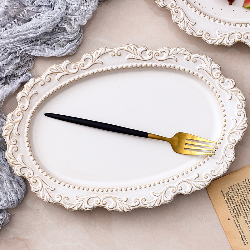 French style restoring ancient ways disc creative American both variable white glaze relief plate western - style food dish dish old coarse pottery dishes