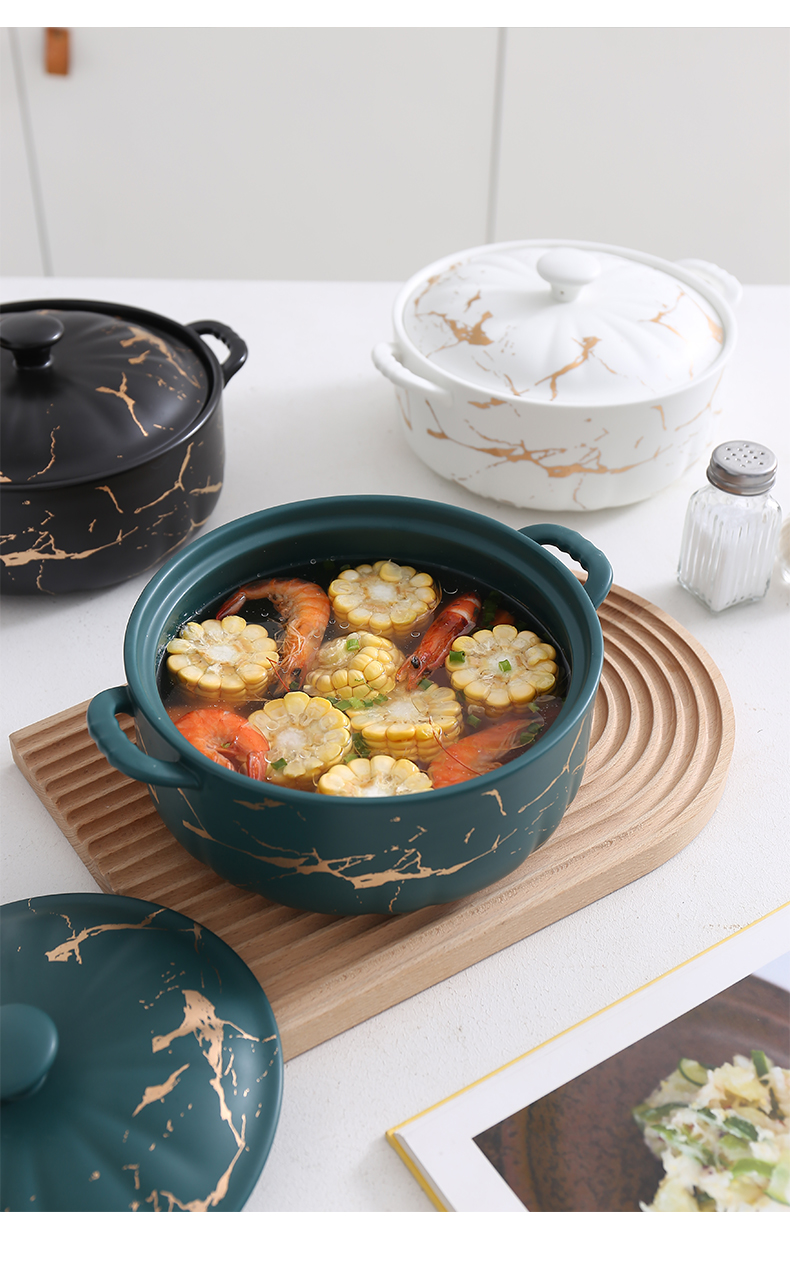 Northern wind soup bowl creative household marble gold ceramic soup pot high - capacity ears with cover soup bowl