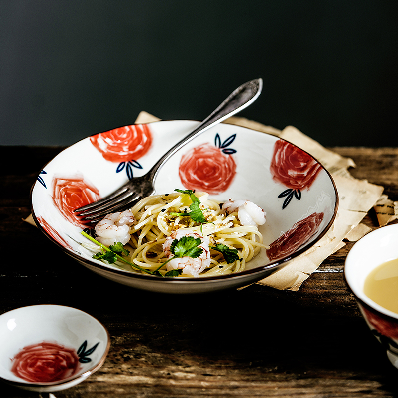 Nordic household ceramics tableware cup dish meal bowl of soup bowl of salad bowl dessert plate series tableware roses