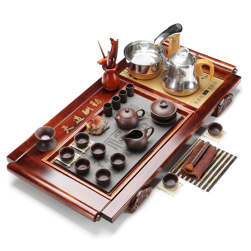 RenXin solid wood tea tray was violet arenaceous tea sets stone sharply snap a whole set of fully automatic pumping electric heating furnace