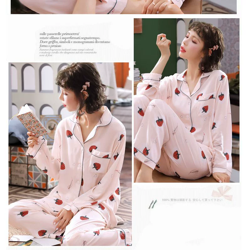 . Đồ ngủ cotton lụa dễ thương dành cho phụ nữ mùa xuân và mùa thu dài tay cotton lụa phù hợp với dịch vụ ở nhà mùa hè mỏng cỡ lớn cardigan mới - Bộ Pajama