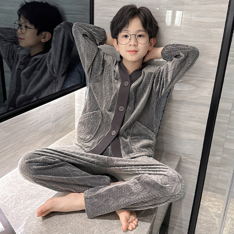 Boys' Pajamas 2026 New Style for Older Children, Children's Clothing for Teenagers, Autumn and Winter Style, Fleece-Lined, Winter Coral Fleece Loungewear