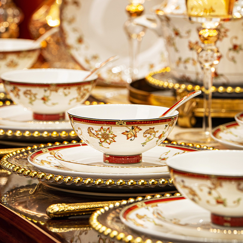 Jingdezhen Bowl and Plate Set for Home Use, High-End Light Luxury, High Aesthetic Value, Bone China, High-End Housewarming Gift, Tableware Gift Box
