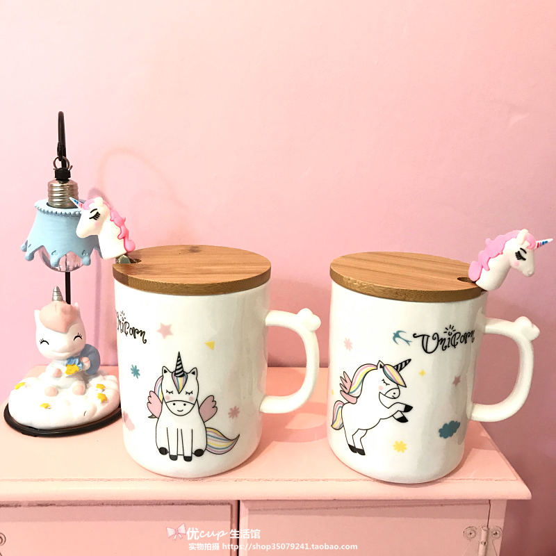 The Japanese lovely creative unicorn ceramic cup carousel mark cup milk coffee cup with pink girl students