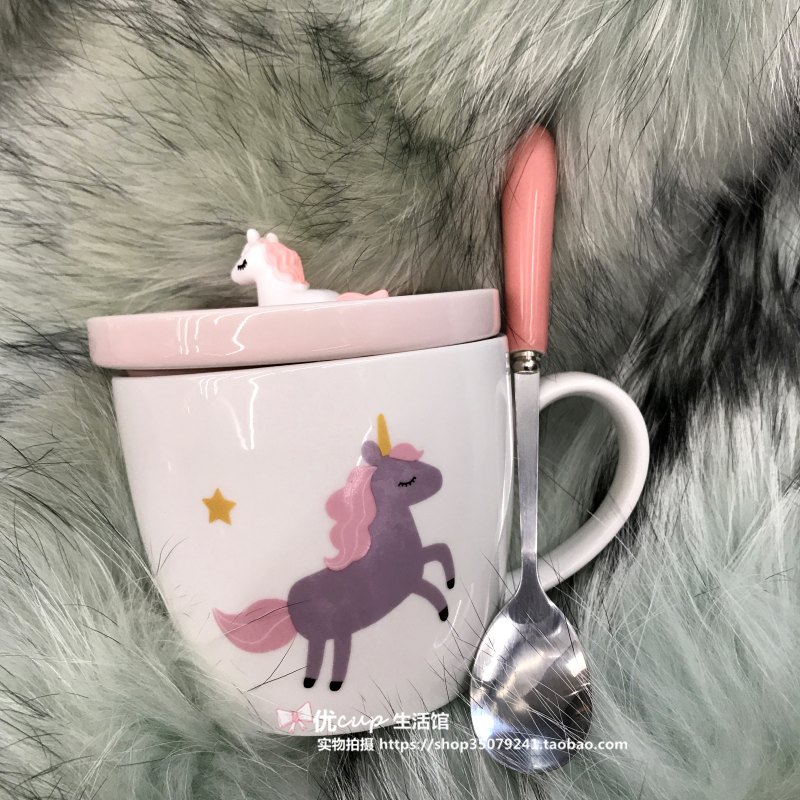 The Japanese lovely creative unicorn ceramic cup carousel mark cup milk coffee cup with pink girl students