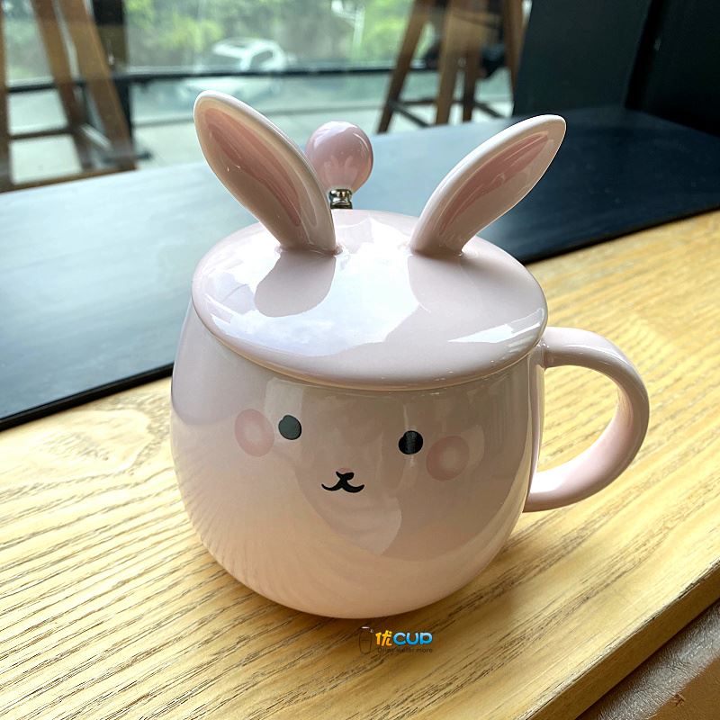 Ins girl heart mark cup with cover express little rabbit teaspoons of ceramic cup water cup of milk breakfast cup female students