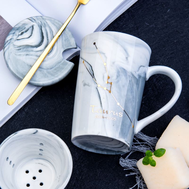 Filtering) ceramic cup move creative trend sign mark cup with cover spoon coffee cup household drinking cup