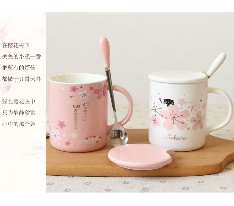 Japanese cherry blossom put mark cup with cover spoon gifts glass ceramic office coffee cup getting creative move trend