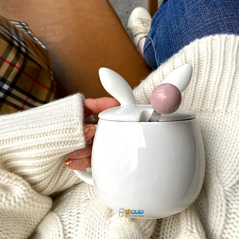 Ins girl heart mark cup with cover express little rabbit teaspoons of ceramic cup water cup of milk breakfast cup female students