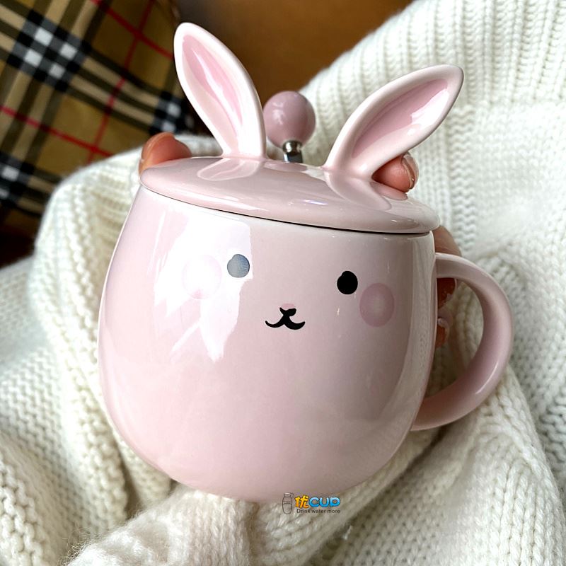 Ins girl heart mark cup with cover express little rabbit teaspoons of ceramic cup water cup of milk breakfast cup female students