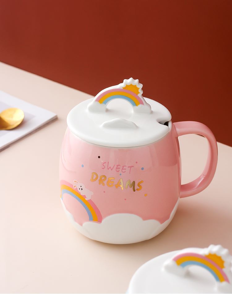 Creative rainbow mark cup cartoon cup mobile scaffold ceramic cup with cover spoon girls cup a cup of milk breakfast