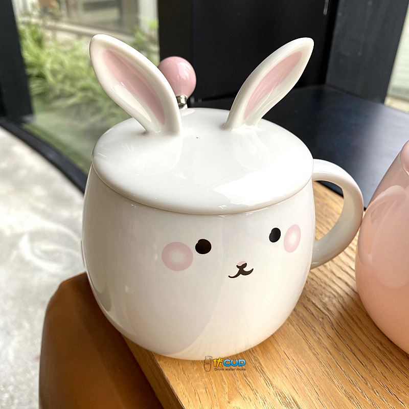 Ins girl heart mark cup with cover express little rabbit teaspoons of ceramic cup water cup of milk breakfast cup female students