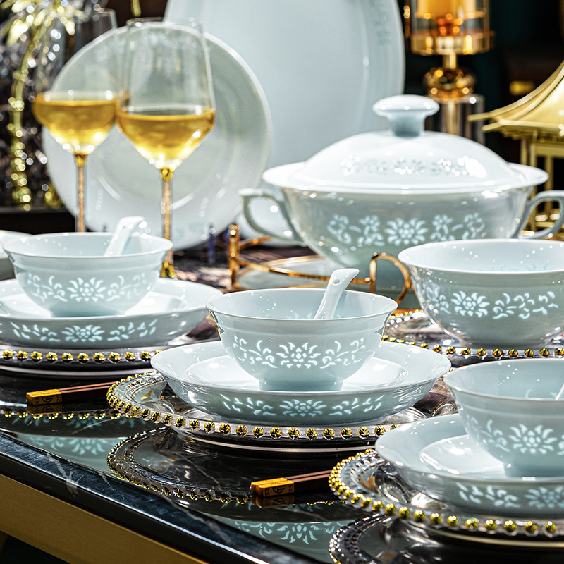 Jingdezhen Celadon Tableware Set, Household Housewarming Gift Box, High-White Porcelain, Chinese Underglaze Color, High-End Feel, Wedding Gift
