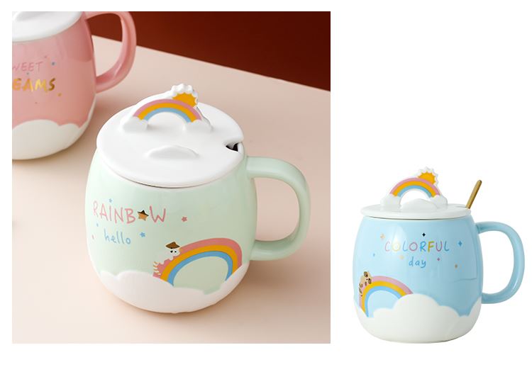 Creative rainbow mark cup cartoon cup mobile scaffold ceramic cup with cover spoon girls cup a cup of milk breakfast