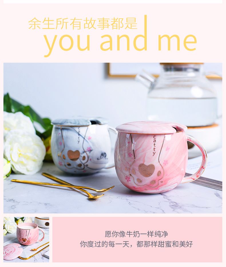 Creative cat claw cup, lovely ceramic cups with cover spoon lovers mugs female male students home coffee cup