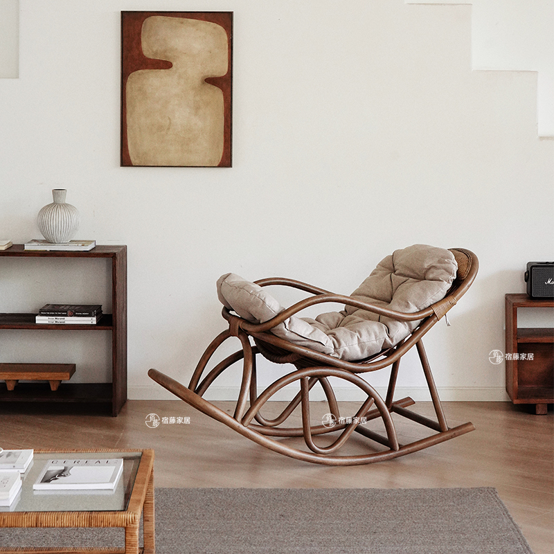 Indonesian Agate Rattan Rocking Chair Lounge Chair Living Room Balcony Lazy Sofa Chair Single Leisure Chair Retro Style Rocking Chair