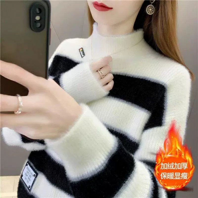 2025 New Mink Cashmere Sweater for Women, Fleece-Lined and Thickened, Autumn and Winter Half-Turtleneck, Stylish Outerwear, Knitted Base Layer, Trendy 2025 New Mink Cashmere Sweater for Women, Fleece-Lined and Thickened, Autumn and Winter Half-Turtleneck, Stylish Outerwear, Knitted Base Layer, Trendy
