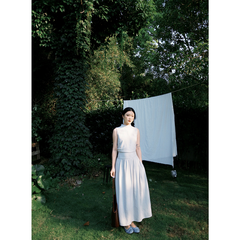 Minirose "Evening Breeze Blue Mist" Strappy Waist-Cinching Dress 2026 Summer New Style Petite Long Tank Dress