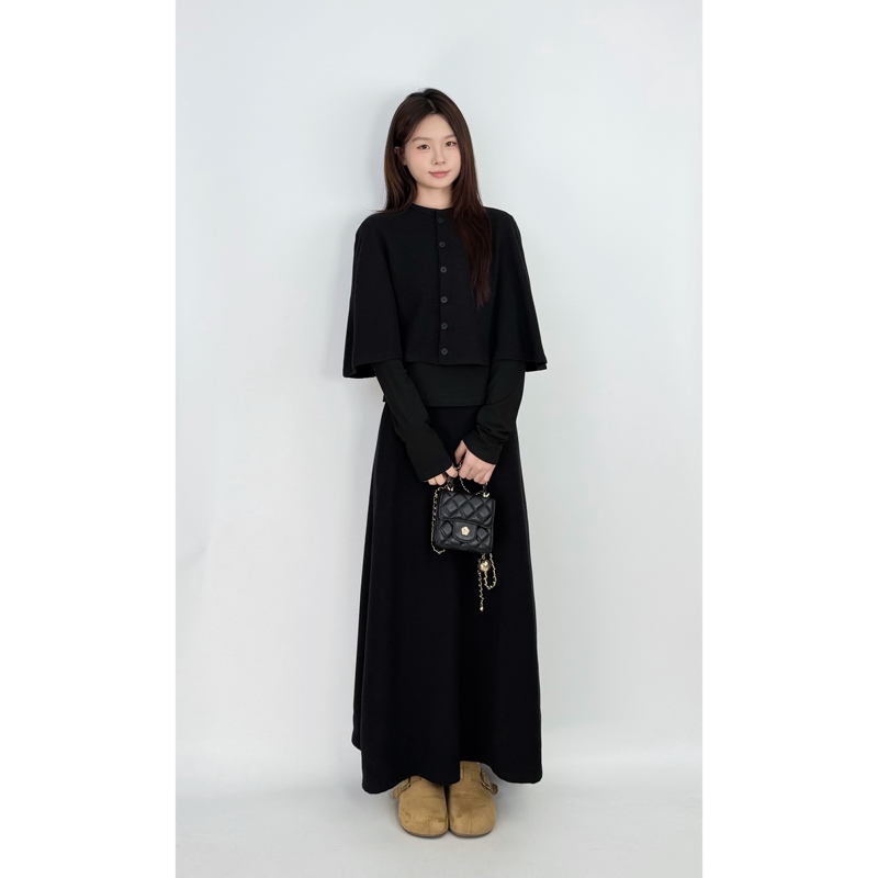 Paper-Thin Black Elegant Three-Piece Set: Cape + Top + Black Skirt