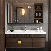 New Chinese style modern bathroom cabinet ceramic integrated basin walnut color bathroom sink hand wash basin cabinet combination