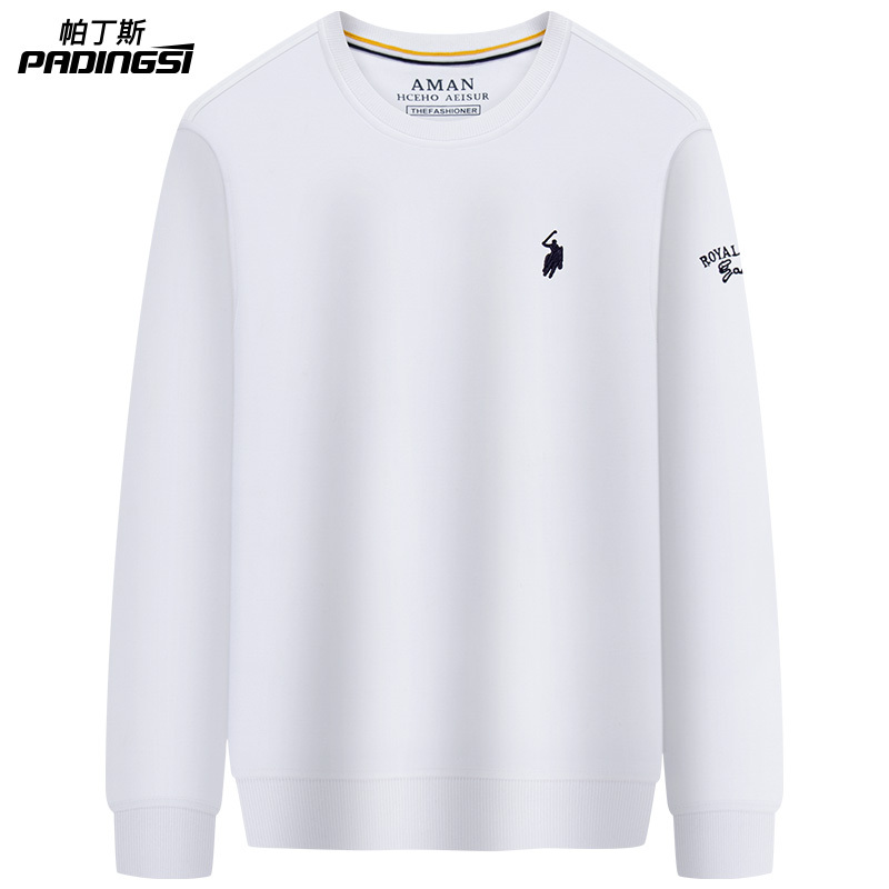 2025 Autumn/Winter Men's Sweatshirt with Horse Logo Paul Sports Long Sleeve T-Shirt Top Round Neck Embroidered Pure White Shirt Trendy