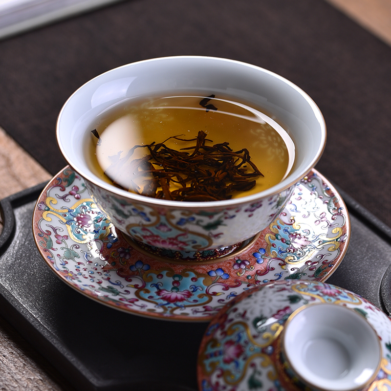 Jingdezhen flagship store only three tureen colored enamel paint hand - made flowers grain tea set a single can collect tea ware