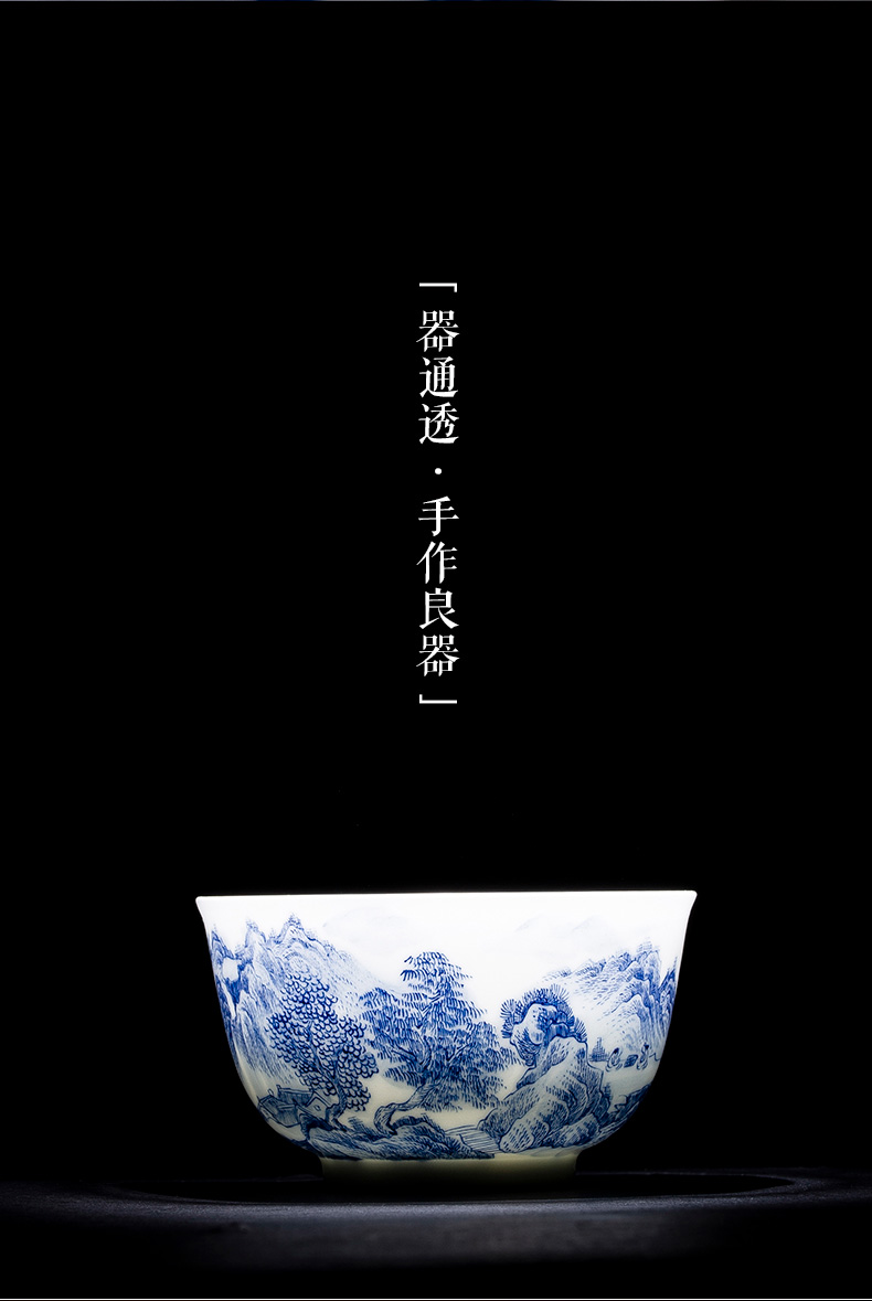 Jingdezhen blue and white landscape flagship ceramic sample tea cup all hand master cup of tea, kungfu tea set. A single