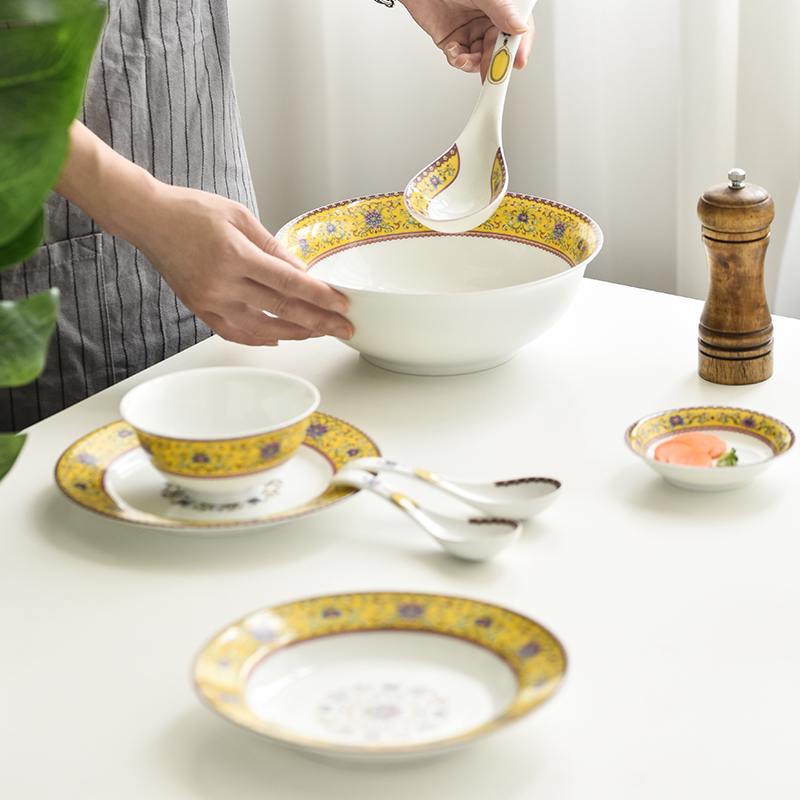 Jingdezhen flagship store white porcelain tableware suit Chinese high - grade colored enamel eat soup bowl bowl dish plate combination