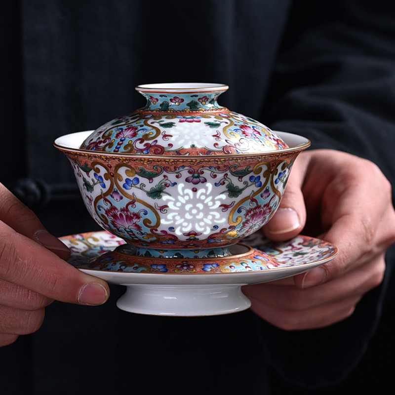 Jingdezhen flagship store only three tureen colored enamel paint hand - made flowers grain tea set a single can collect tea ware