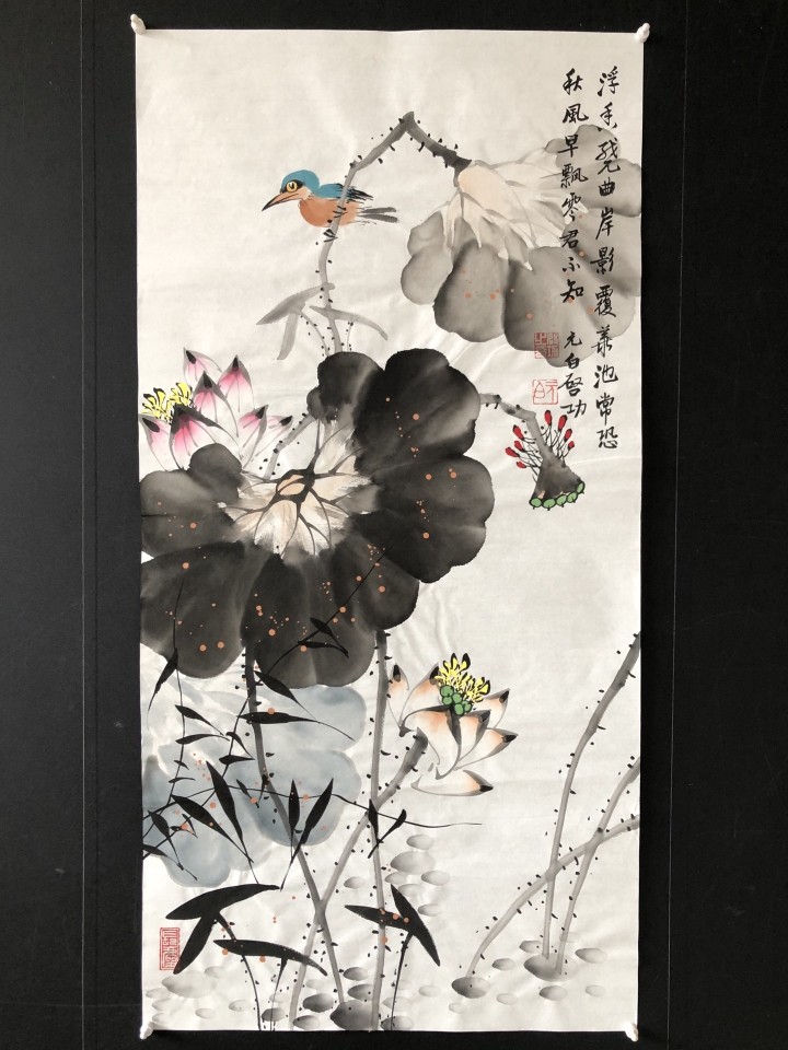中国美術・純手描き四尺蓮花画芯・水墨画・啓功印款・肉筆・宣紙・茶道