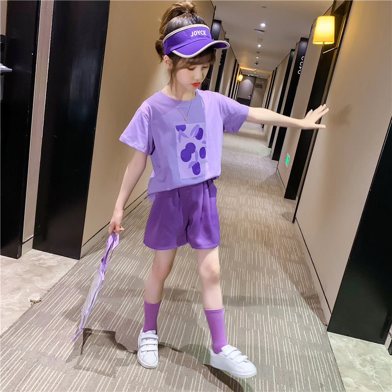 Girls summer suit 2022 new Korean version children's net red purple two-piece summer girl trendy children's clothing Western style
