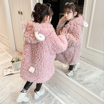 Girls fleece hooded jacket autumn and winter 2021 new childrens big girl lamb velvet winter plus velvet thickened