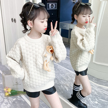 Girl Pullover Round Neck Sweater White Autumn and Winter 2021 New Winter Childrens base shirt Female Childrens Winter Dress