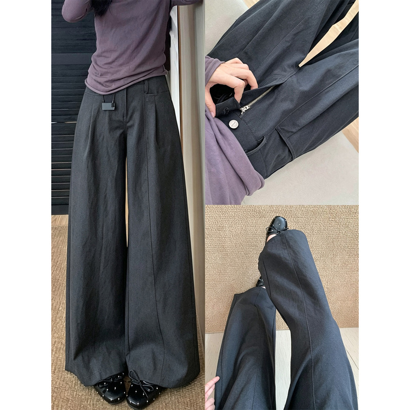 American-Style Pleated Suit Wide-Leg Pants for Women, Autumn 2026 New High-Waisted Slimming Loose Straight-Leg Work Pants for Petite Figures