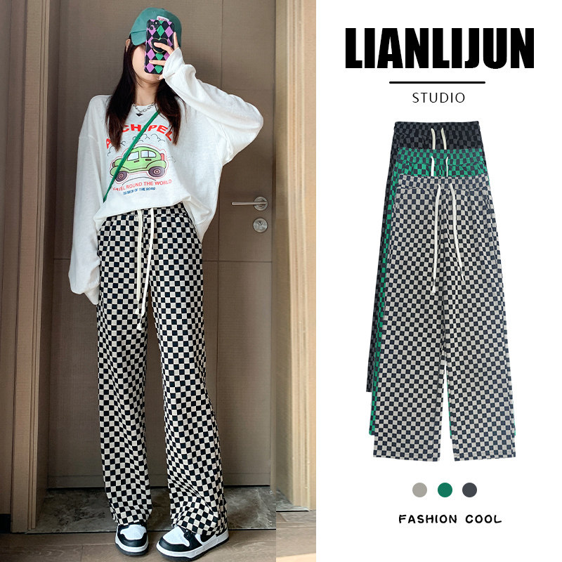 Checkerboard wide-leg pants women's spring and autumn 2022 new high waist drape loose and thin all-match sports straight casual pants