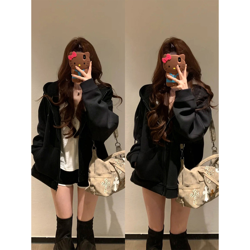 American Retro Black Hooded Sweatshirt Jacket 2026 Autumn New Korean Style Lazy Casual Loose Cardigan Top