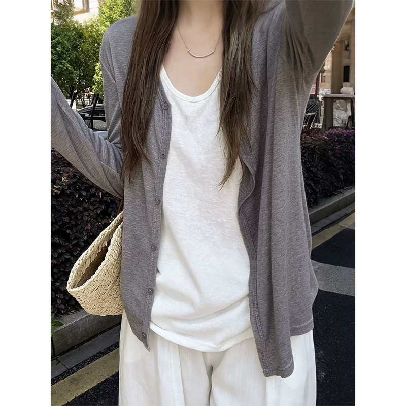 Gray Lyocell Tencel Long-Sleeved Cardigan Jacket for Women, Autumn 2026 New Korean Style Outerwear Knit Cover-Up Top Gray Lyocell Tencel Long-Sleeved Cardigan Jacket for Women, Autumn 2026 New Korean Style Outerwear Knit Cover-Up Top