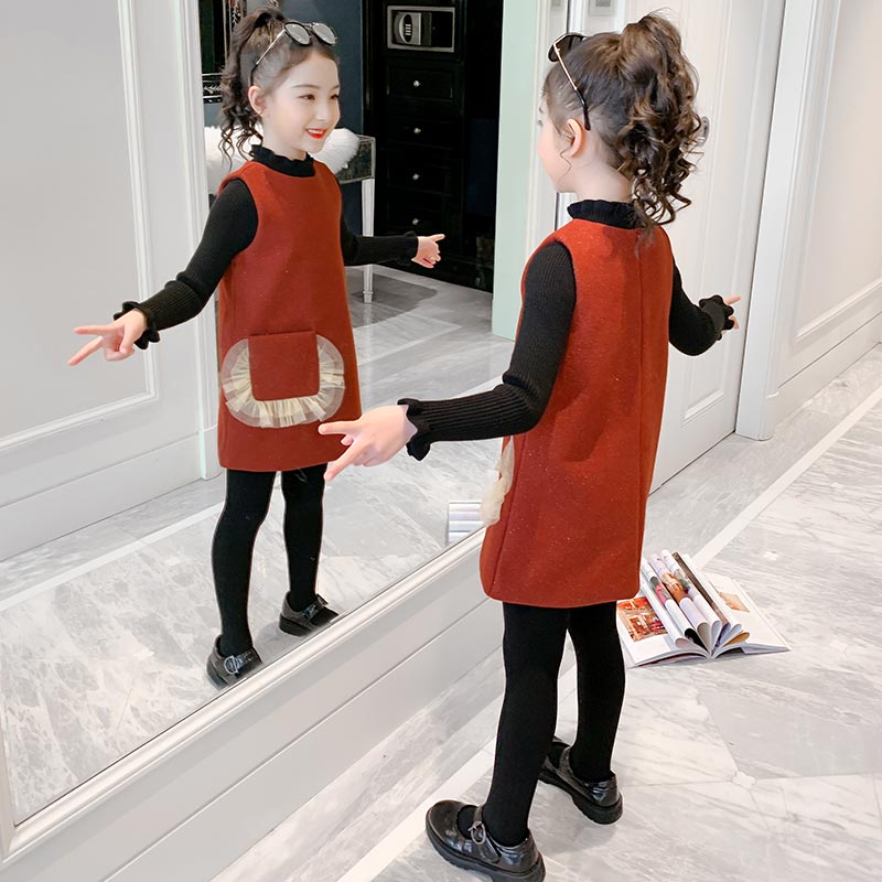 Girl woolen vest skirt autumn and winter foreign girl Korean skirt children red woolen princess dress
