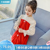 Girls autumn dress 2021 spring and autumn new stitching velvet skirt childrens long-sleeved Western style sequined princess dress