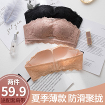 Strapless bra set gathered non-slip ultra-thin underwear womens non-rimmed chest bandeau style small bra summer