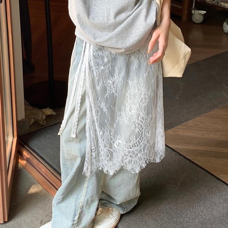 Korean Style Layered Long Mesh Hem Lace Skirt Denim Pants One-Piece Designer Pants Skirt Butt Skirt Waist Skirt