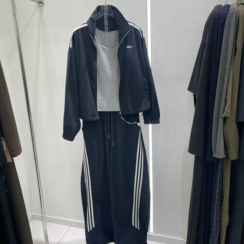 Fashion Suit for Women 2026 Autumn New Striped Lapel Zipper Long-Sleeve Jacket Vest Wide-Leg Pants Two-Piece Set