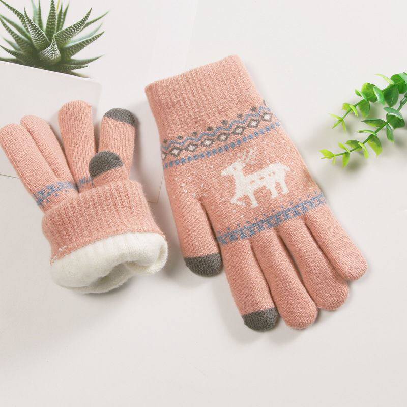 Gloves women winter warm autumn cartoon students touch screen thickened velvet wool knitted cotton five-finger men's riding